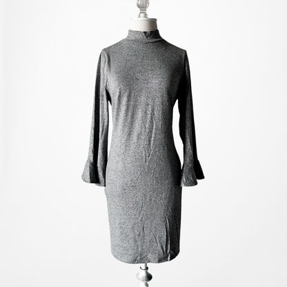 Vintage Y2K Gray Knit Long Bell Sleeve Mock Neck Knee Length Dress Size M