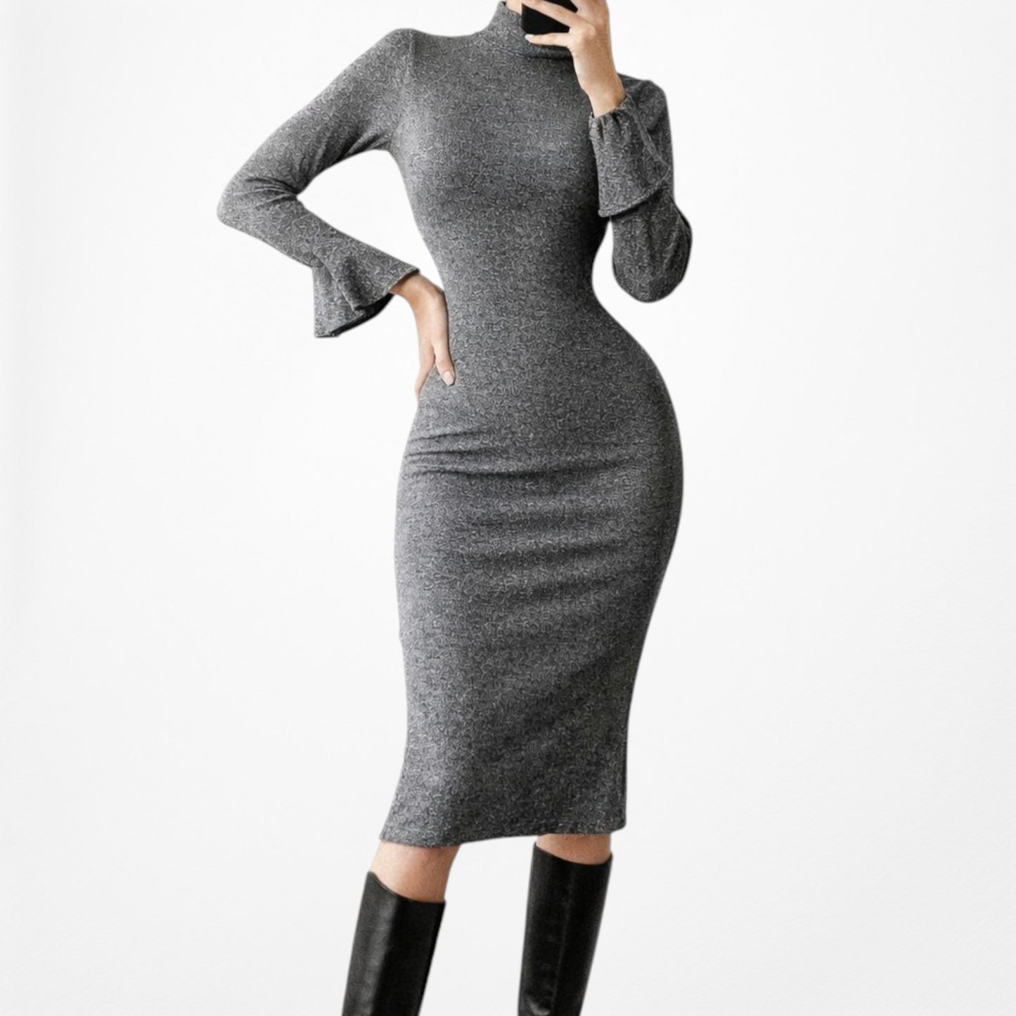 Vintage Y2K Gray Knit Long Bell Sleeve Mock Neck Knee Length Dress Size M