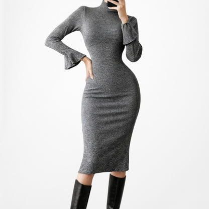 Vintage Y2K Gray Knit Long Bell Sleeve Mock Neck Knee Length Dress Size M