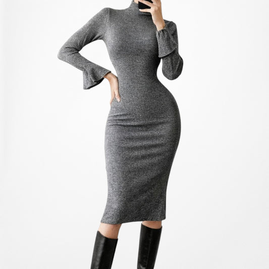 Vintage Y2K Gray Knit Long Bell Sleeve Mock Neck Knee Length Dress Size M