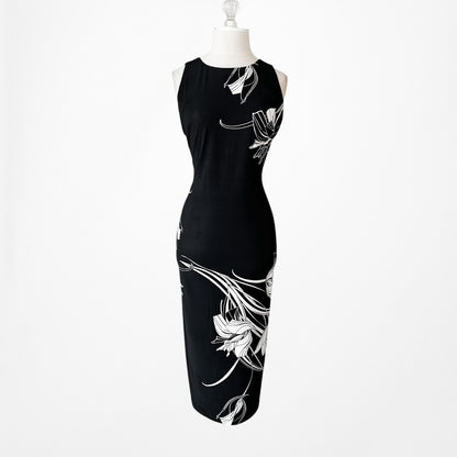 Vintage Y2K Black White Geometric Print Knee Length Knit Bodycon Dress Size M