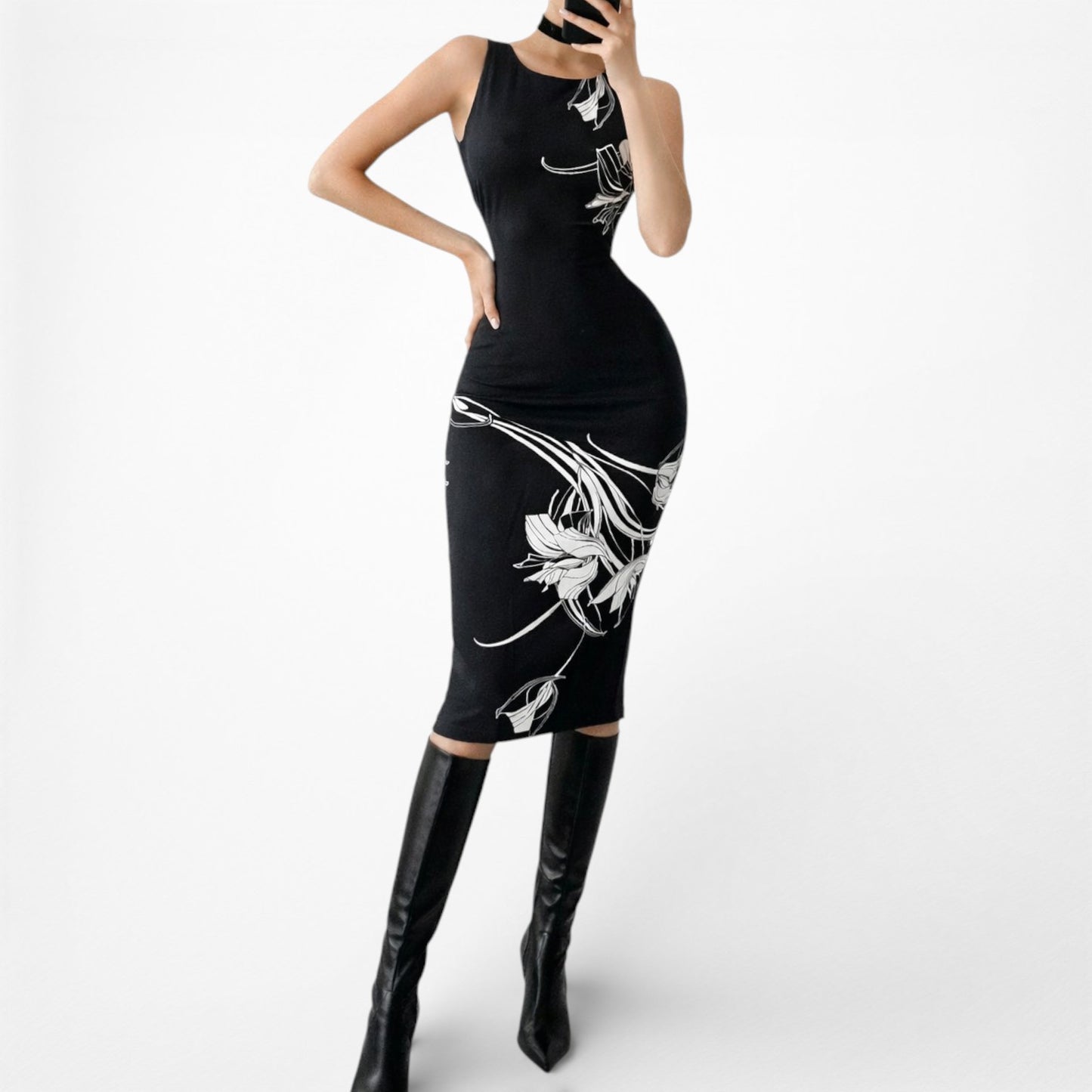 Vintage Y2K Black White Geometric Print Knee Length Knit Bodycon Dress Size M