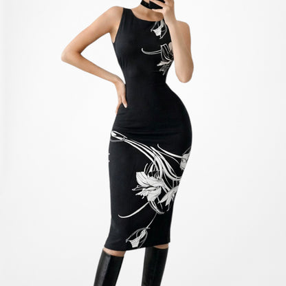 Vintage Y2K Black White Geometric Print Knee Length Knit Bodycon Dress Size M