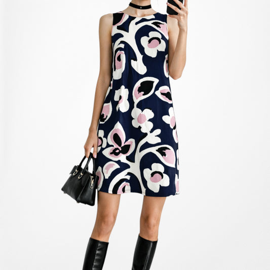 Vintage Y2K Blue Knit Sleeveless Floral Print Knee Length Shift Dress Size MP