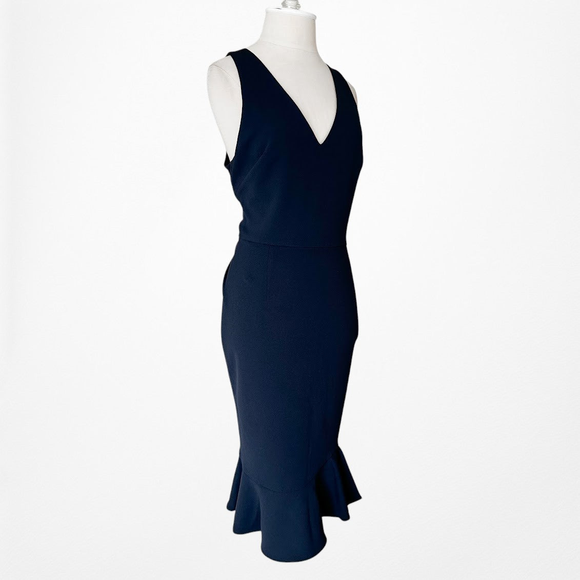 Vintage Y2K Navy Blue Sleeveless V-Neck Knee Length Bodycon Ruffle Dress Size M