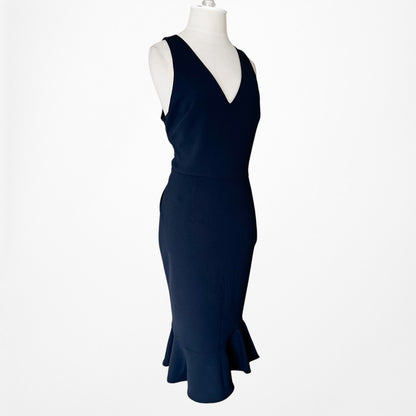 Vintage Y2K Navy Blue Sleeveless V-Neck Knee Length Bodycon Ruffle Dress Size M