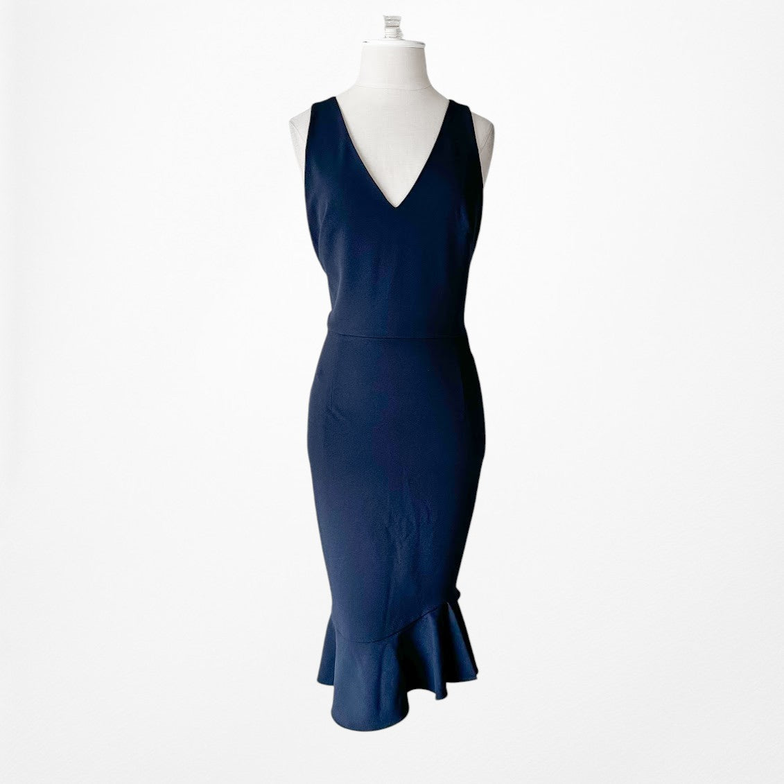 Vintage Y2K Navy Blue Sleeveless V-Neck Knee Length Bodycon Ruffle Dress Size M