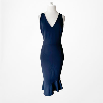Vintage Y2K Navy Blue Sleeveless V-Neck Knee Length Bodycon Ruffle Dress Size M