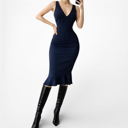 Vintage Y2K Navy Blue Sleeveless V-Neck Knee Length Bodycon Ruffle Dress Size M