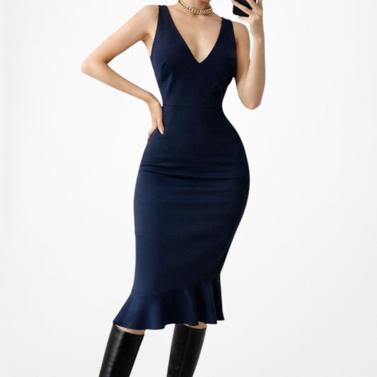 Vintage Y2K Navy Blue Sleeveless V-Neck Knee Length Bodycon Ruffle Dress Size M