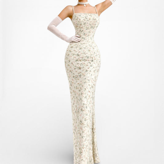 Vintage Y2K Beige Floral Silk Beaded Bodycon Maxi Formal Prom Dress Size XS