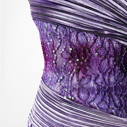 Vintage Y2K Purple Strapless Satin Lace Beaded Pleated Maxi Prom Dress Size S/M
