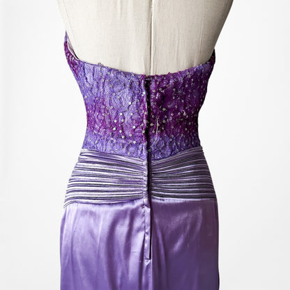 Vintage Y2K Purple Strapless Satin Lace Beaded Pleated Maxi Prom Dress Size S/M