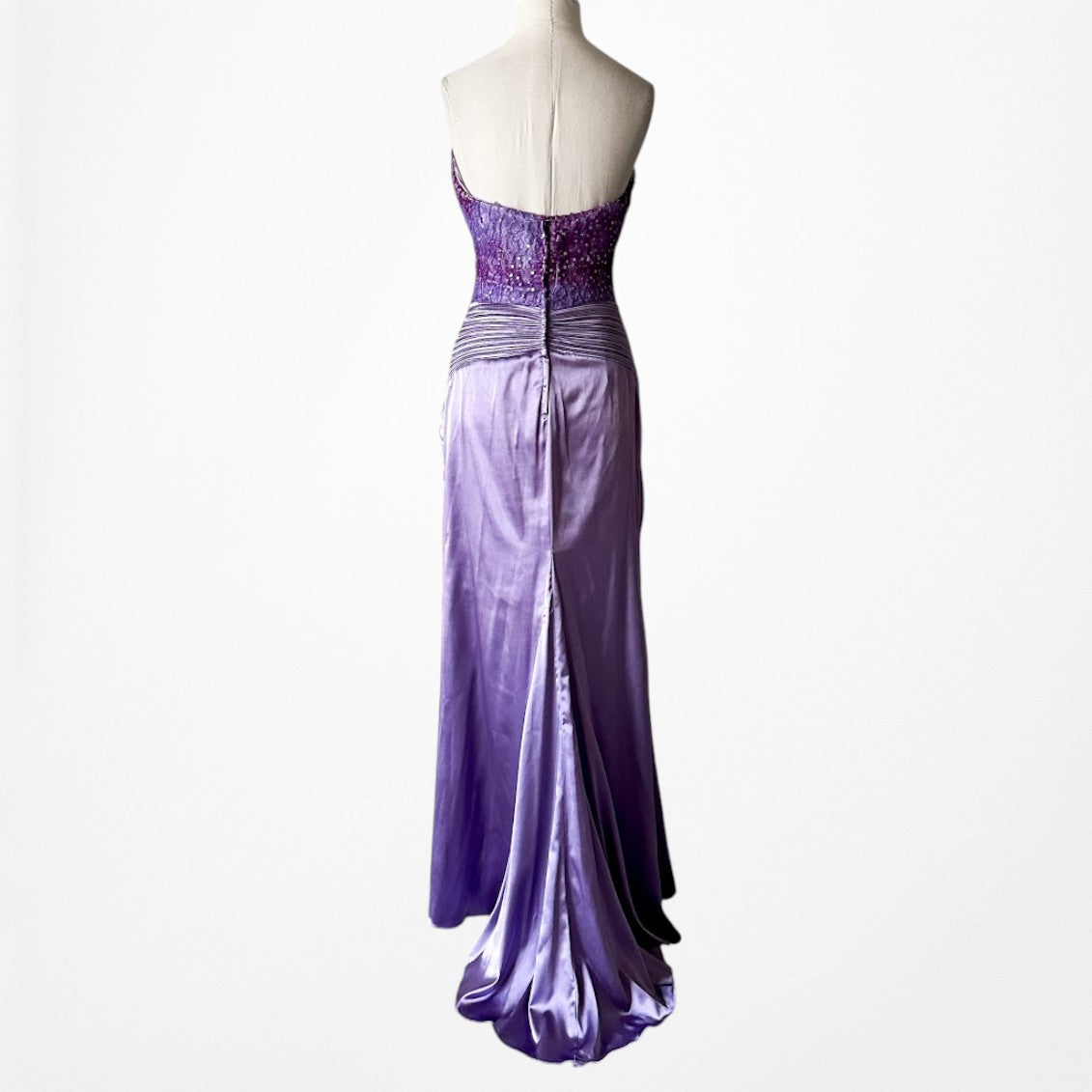 Vintage Y2K Purple Strapless Satin Lace Beaded Pleated Maxi Prom Dress Size S/M