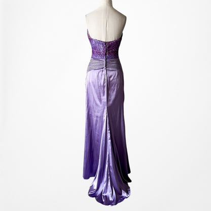 Vintage Y2K Purple Strapless Satin Lace Beaded Pleated Maxi Prom Dress Size S/M