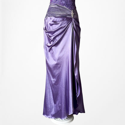 Vintage Y2K Purple Strapless Satin Lace Beaded Pleated Maxi Prom Dress Size S/M