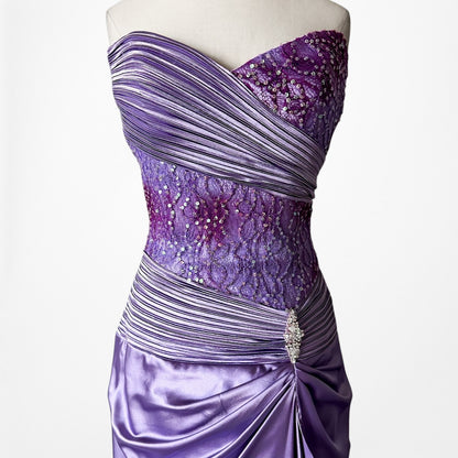 Vintage Y2K Purple Strapless Satin Lace Beaded Pleated Maxi Prom Dress Size S/M