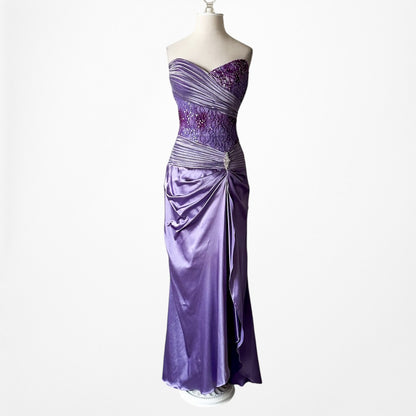 Vintage Y2K Purple Strapless Satin Lace Beaded Pleated Maxi Prom Dress Size S/M