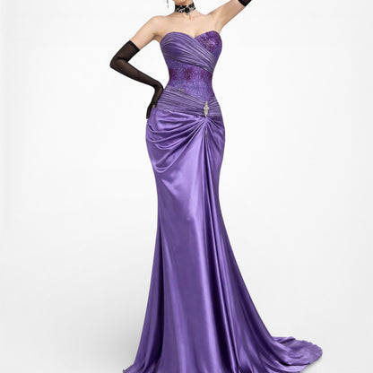 Vintage Y2K Purple Strapless Satin Lace Beaded Pleated Maxi Prom Dress Size S/M