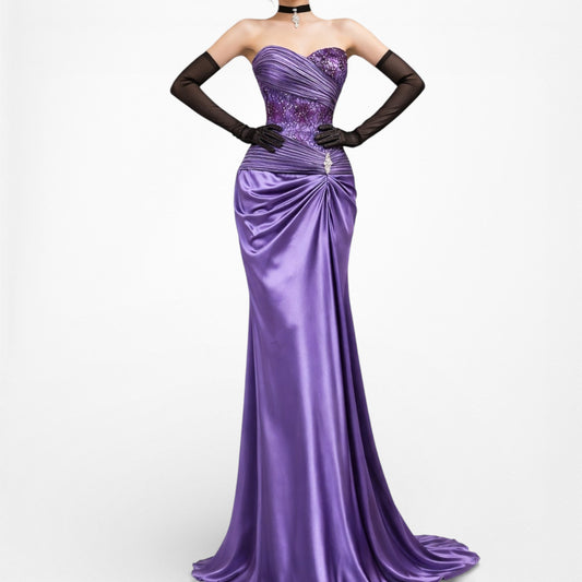 Vintage Y2K Purple Strapless Satin Lace Beaded Pleated Maxi Prom Dress Size S/M