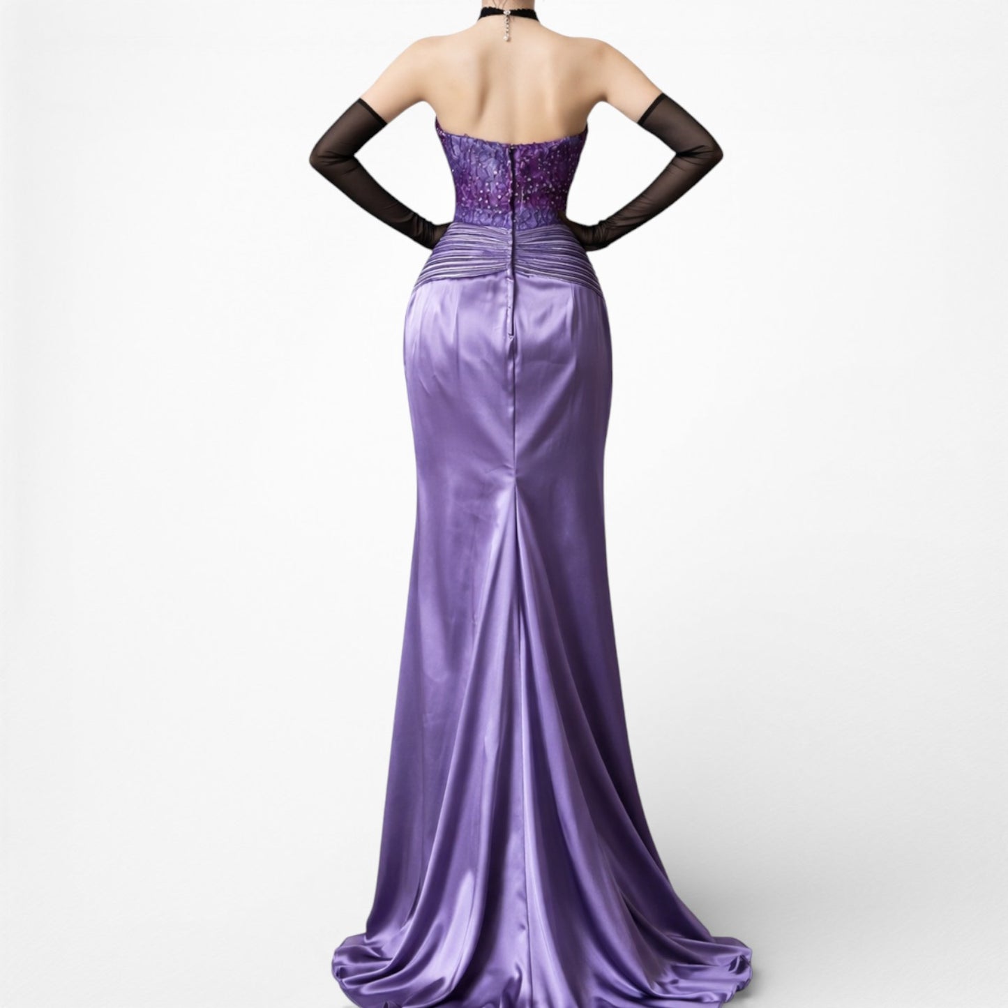 Vintage Y2K Purple Strapless Satin Lace Beaded Pleated Maxi Prom Dress Size S/M