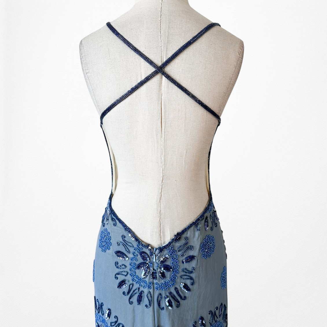 Vintage Blue Silk V-Neck Floral Beaded Bodycon Side Slit Maxi Prom Dress XS/S