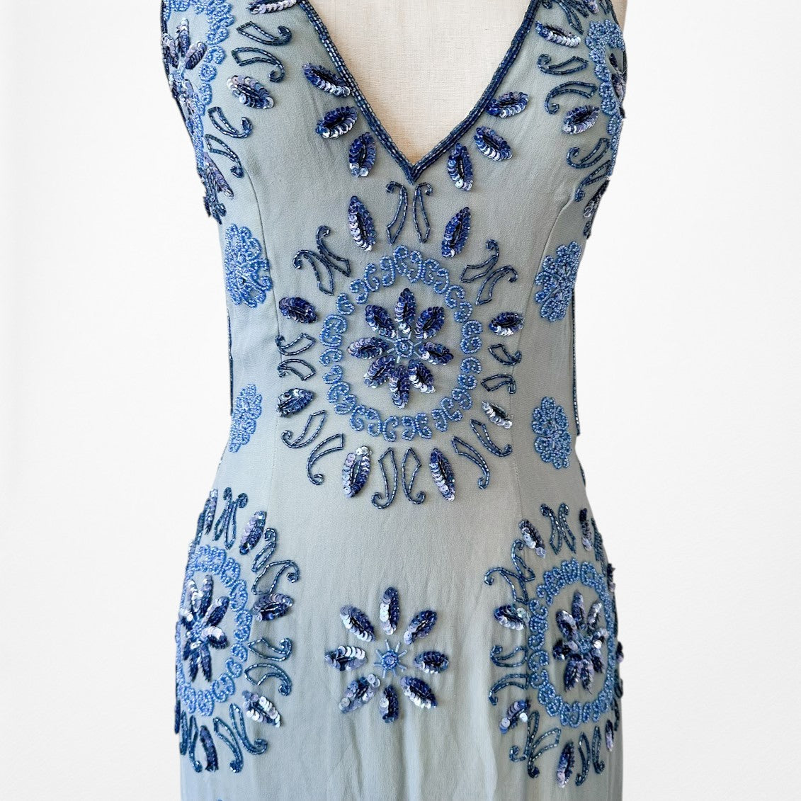 Vintage Blue Silk V-Neck Floral Beaded Bodycon Side Slit Maxi Prom Dress XS/S