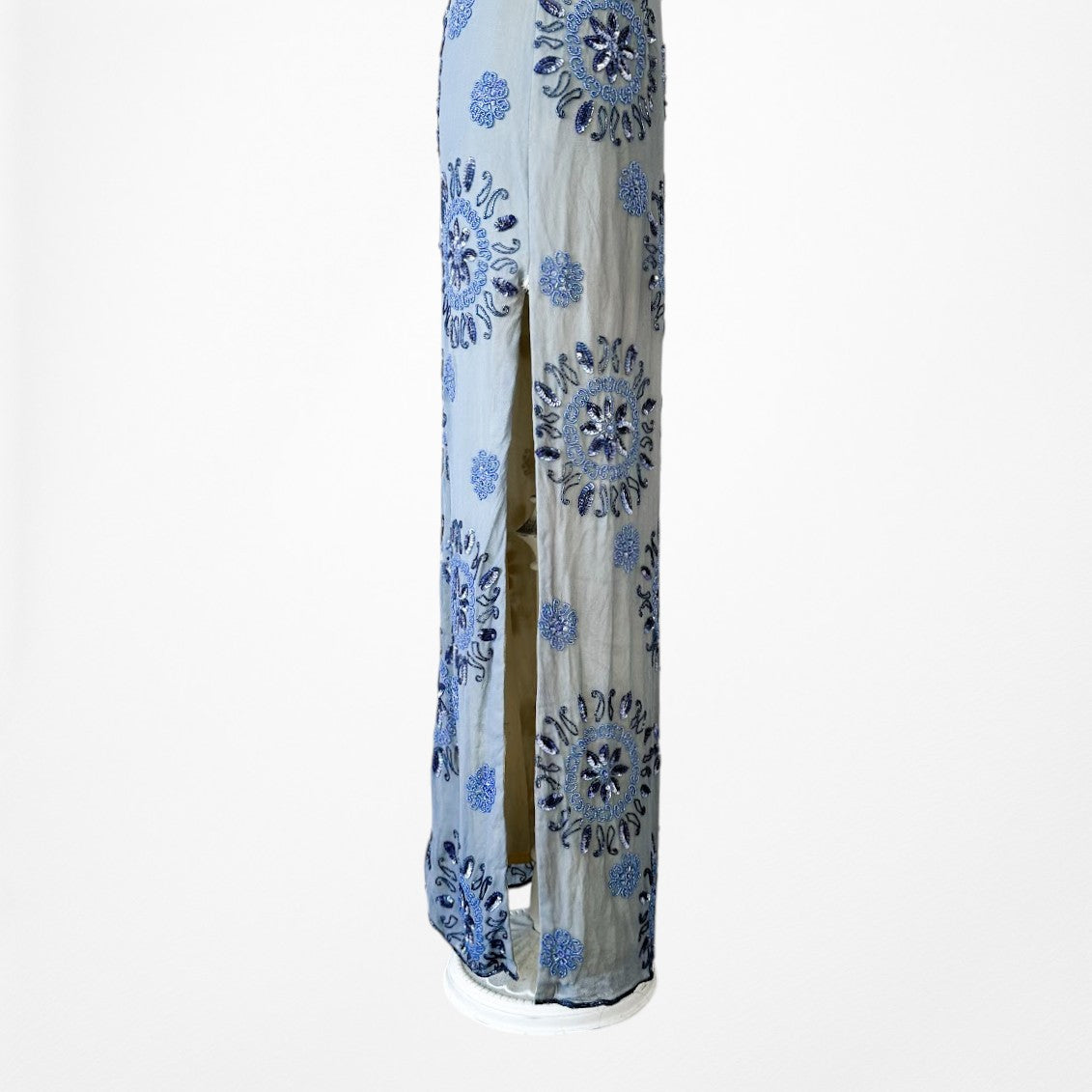 Vintage Blue Silk V-Neck Floral Beaded Bodycon Side Slit Maxi Prom Dress XS/S