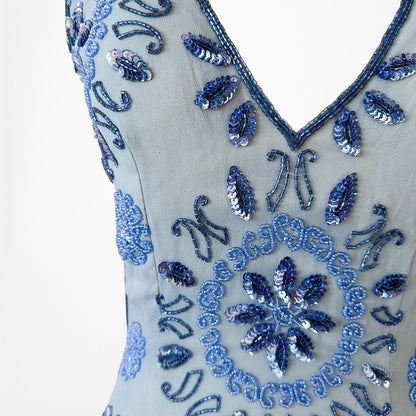 Vintage Blue Silk V-Neck Floral Beaded Bodycon Side Slit Maxi Prom Dress XS/S