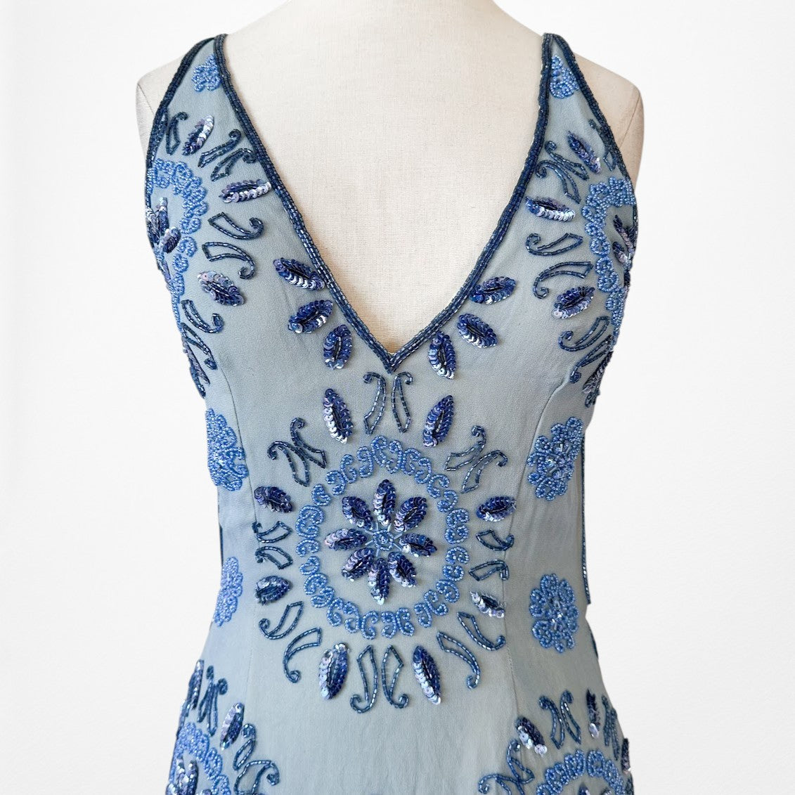 Vintage Blue Silk V-Neck Floral Beaded Bodycon Side Slit Maxi Prom Dress XS/S