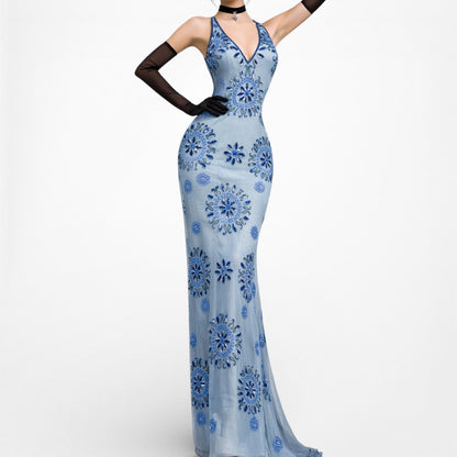 Vintage Blue Silk V-Neck Floral Beaded Bodycon Side Slit Maxi Prom Dress XS/S