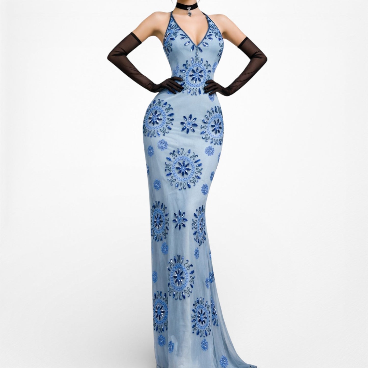 Vintage Blue Silk V-Neck Floral Beaded Bodycon Side Slit Maxi Prom Dress XS/S