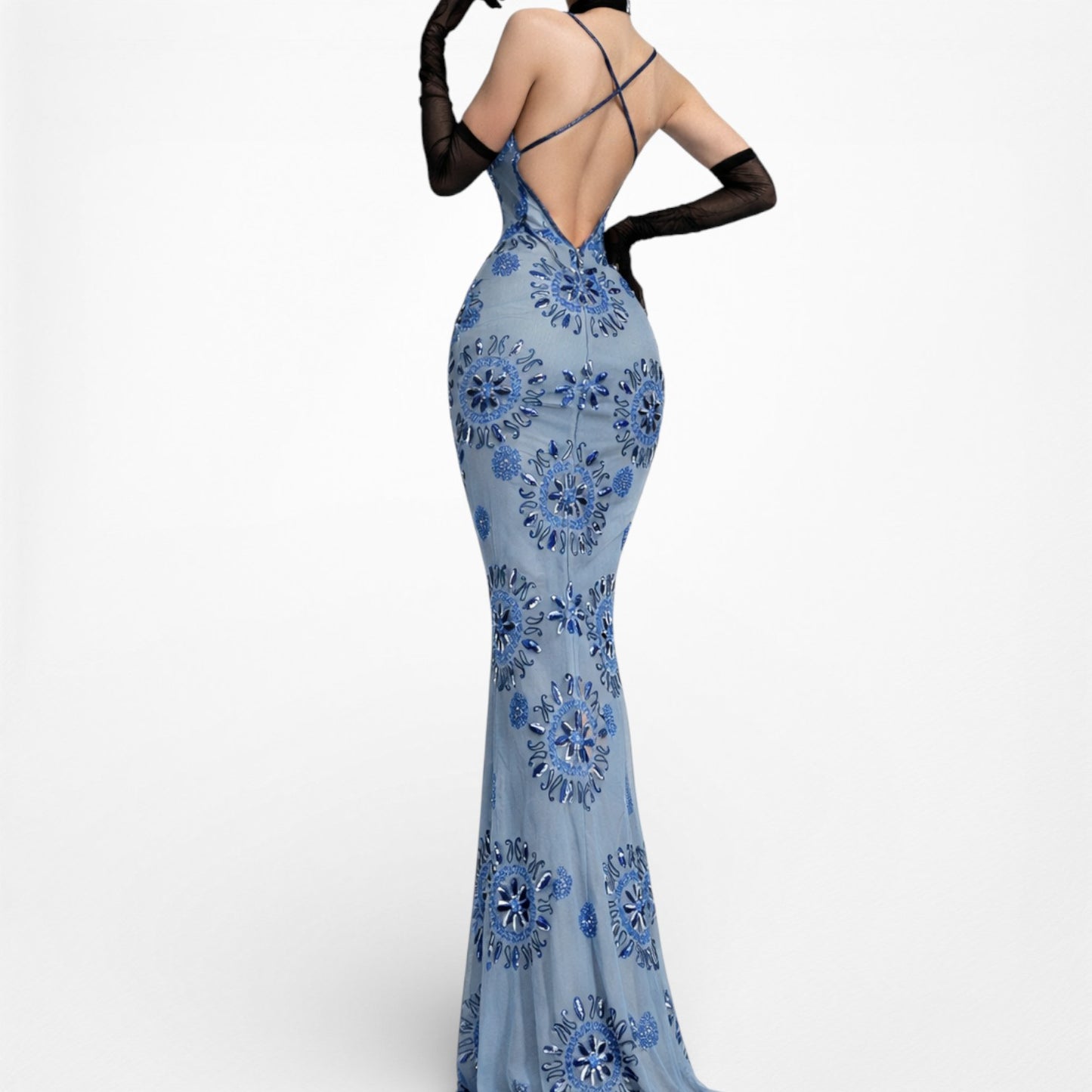 Vintage Blue Silk V-Neck Floral Beaded Bodycon Side Slit Maxi Prom Dress XS/S