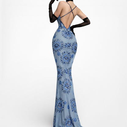 Vintage Blue Silk V-Neck Floral Beaded Bodycon Side Slit Maxi Prom Dress XS/S