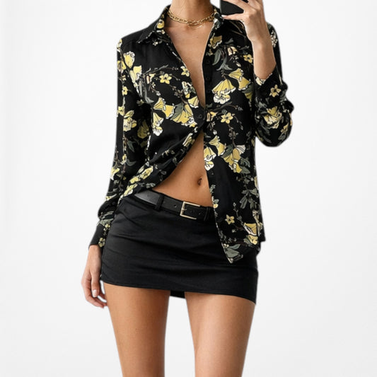 Vintage Y2K Black Yellow Floral Print Button Down Shirt Blouse Top Size S/M
