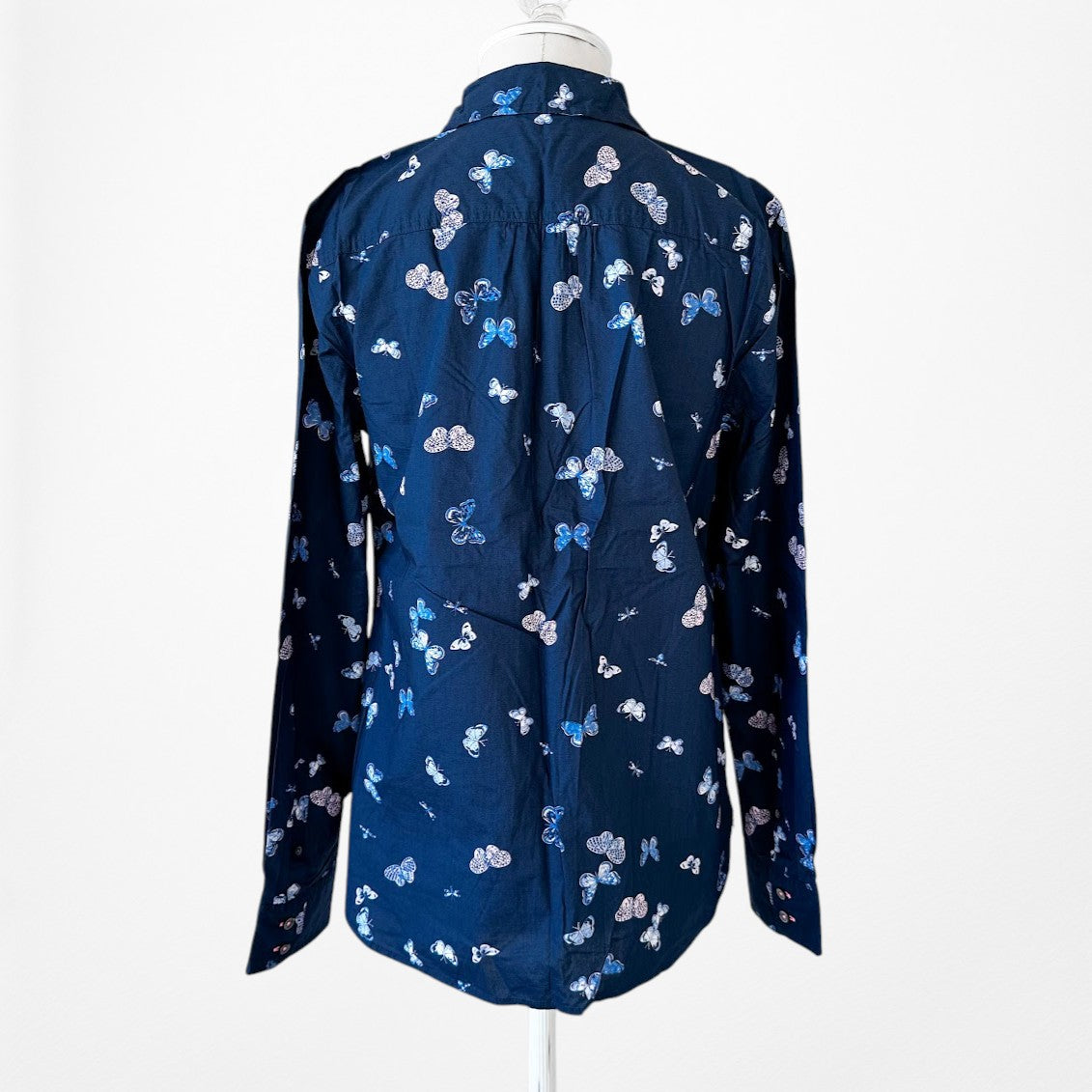 Vintage Y2K Navy Blue Butterfly Print Button Down Front Shirt Blouse Top Size XS
