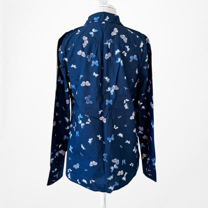 Vintage Y2K Navy Blue Butterfly Print Button Down Front Shirt Blouse Top Size XS