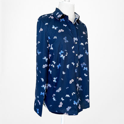 Vintage Y2K Navy Blue Butterfly Print Button Down Front Shirt Blouse Top Size XS