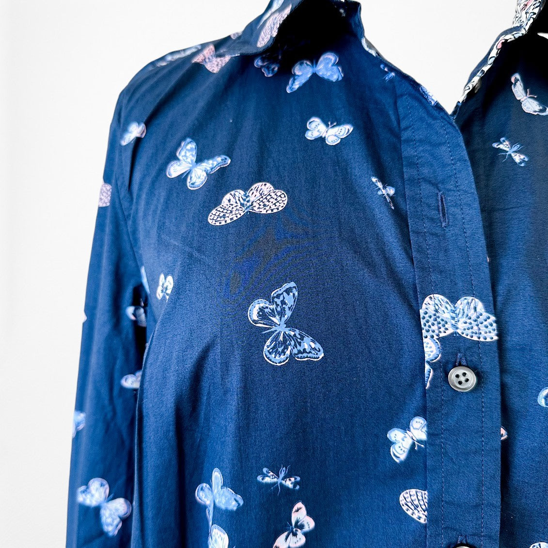 Vintage Y2K Navy Blue Butterfly Print Button Down Front Shirt Blouse Top Size XS