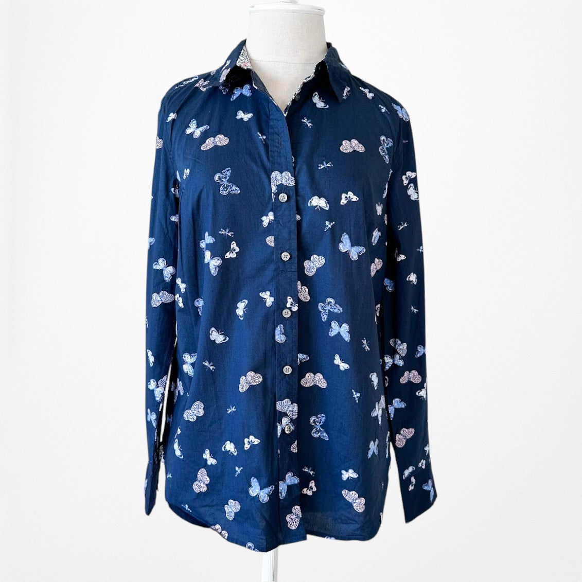 Vintage Y2K Navy Blue Butterfly Print Button Down Front Shirt Blouse Top Size XS