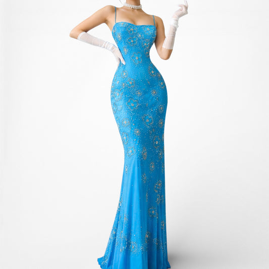 Vintage Y2K Blue Floral Beaded Bodycon Maxi Formal Prom Dress Size M