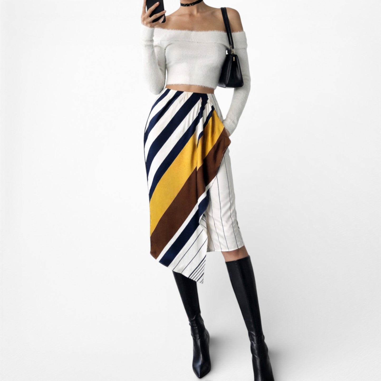 Vintage Y2K Yellow White Striped Asymmetric Wrap Knee Length Skirt Size XS/S