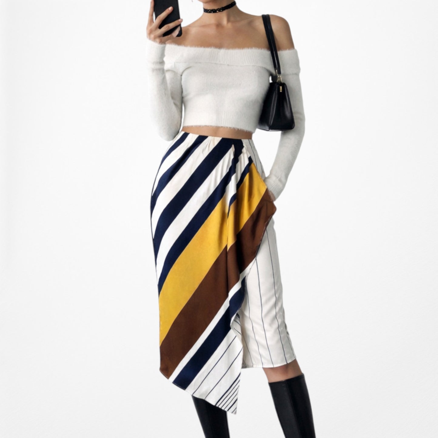 Vintage Y2K Yellow White Striped Asymmetric Wrap Knee Length Skirt Size XS/S