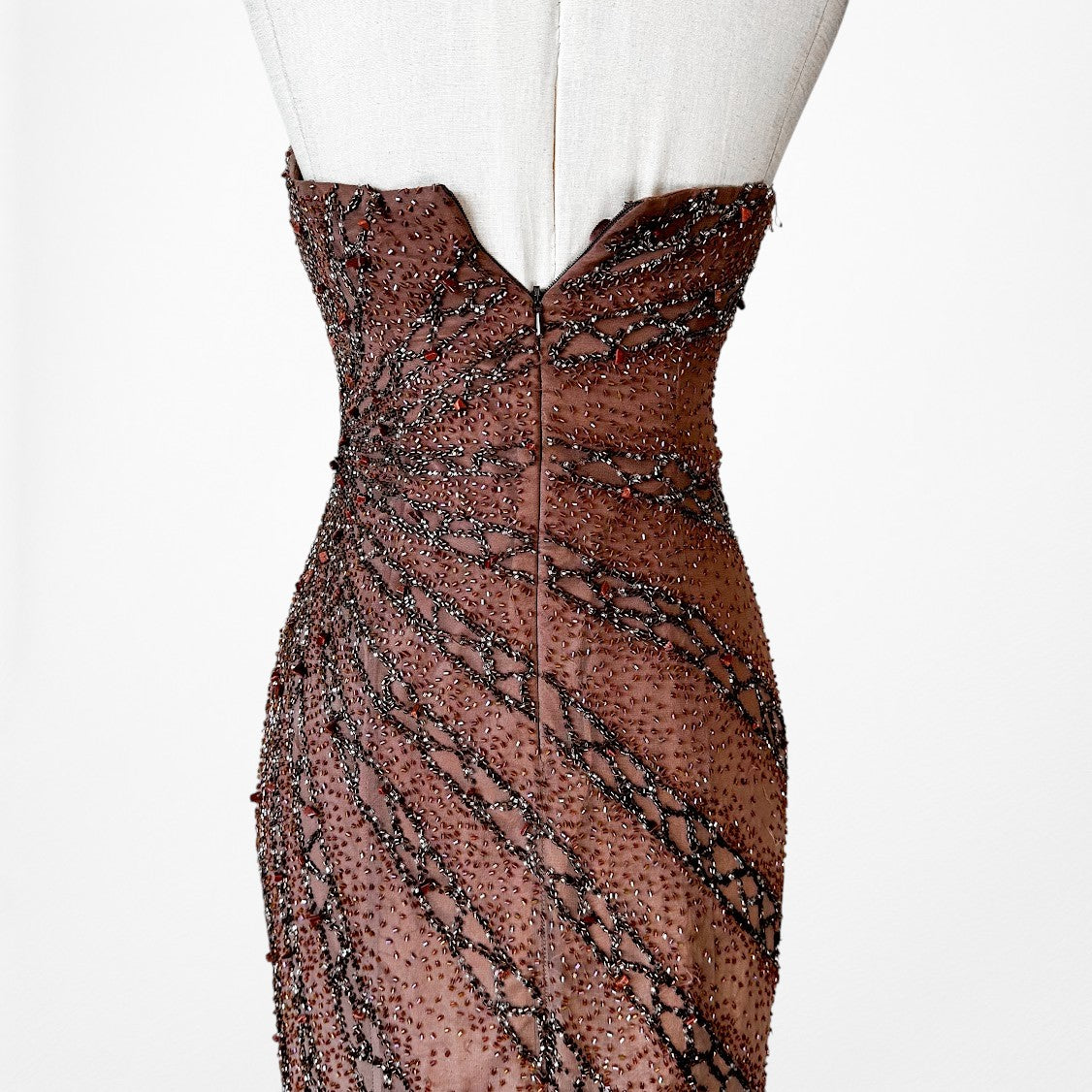 Vintage Y2K Brown Ombre Beaded Strapless Silk Bodycon Maxi Prom Dress Size XS/S