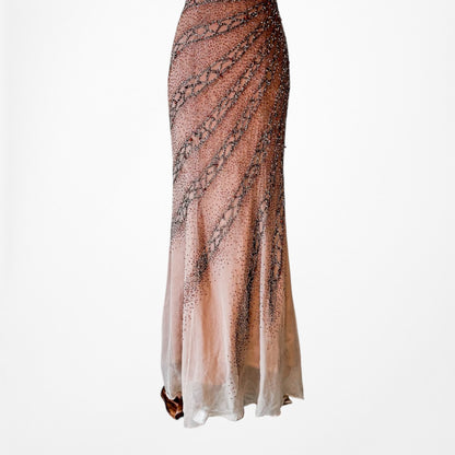 Vintage Y2K Brown Ombre Beaded Strapless Silk Bodycon Maxi Prom Dress Size XS/S