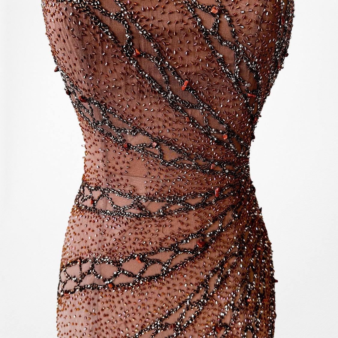 Vintage Y2K Brown Ombre Beaded Strapless Silk Bodycon Maxi Prom Dress Size XS/S