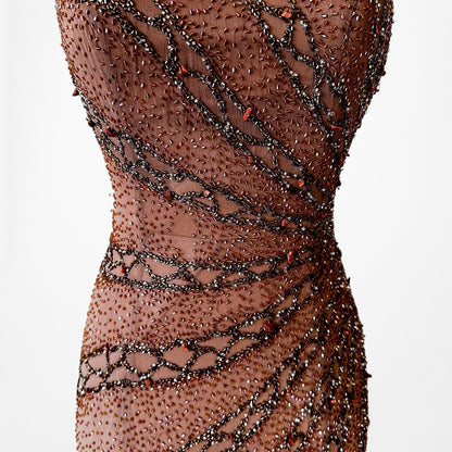 Vintage Y2K Brown Ombre Beaded Strapless Silk Bodycon Maxi Prom Dress Size XS/S