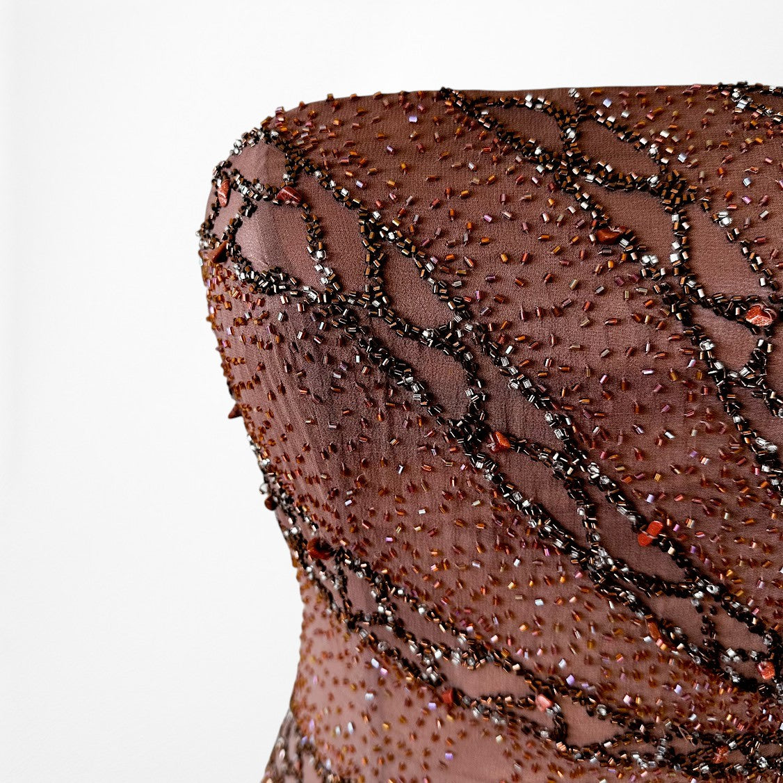 Vintage Y2K Brown Ombre Beaded Strapless Silk Bodycon Maxi Prom Dress Size XS/S