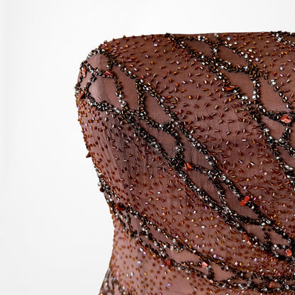 Vintage Y2K Brown Ombre Beaded Strapless Silk Bodycon Maxi Prom Dress Size XS/S
