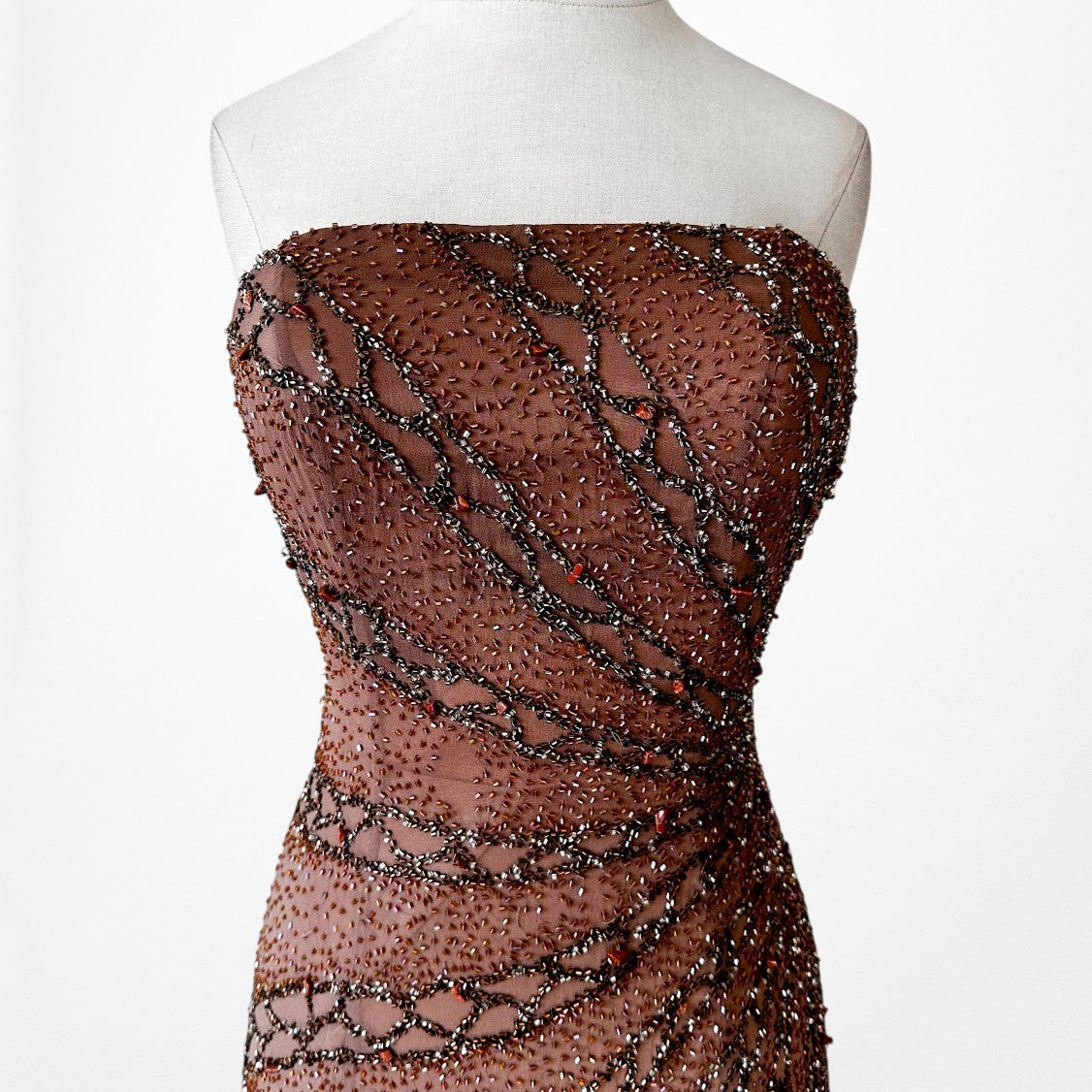 Vintage Y2K Brown Ombre Beaded Strapless Silk Bodycon Maxi Prom Dress Size XS/S